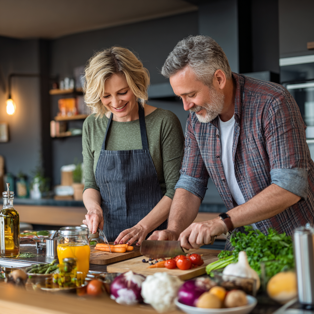 Middle-aged adults preparing healthy meals together in modern kitchen