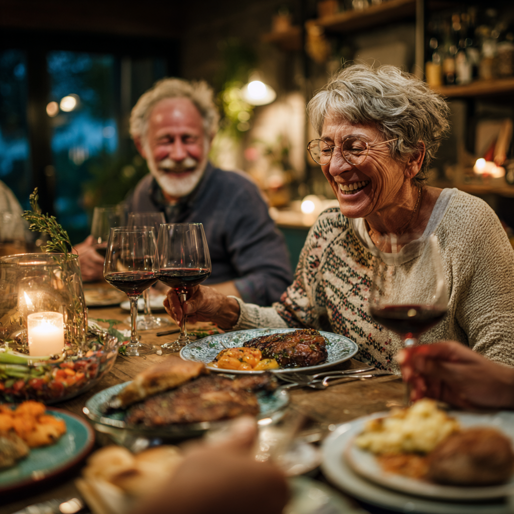 Older adults enjoying healthy family dinner together at home